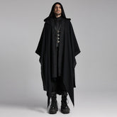 WY-1718DPM Gothic Hooded Cape Black Asymmetric Flowing Hem Linen Blend?-??Punk Rave Clothing