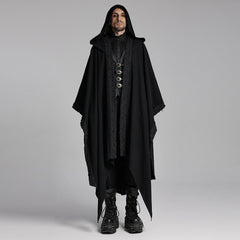 WY-1718DPM Gothic Hooded Cape Black Asymmetric Flowing Hem Linen Blend?-??Punk Rave Clothing