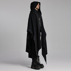 WY-1718DPM Gothic Hooded Cape Black Asymmetric Flowing Hem Linen Blend?-??Punk Rave Clothing