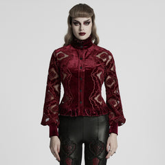 WY-1732CCF Gothic Shirt Burgundy Velvet Lace Bell Sleeve Top