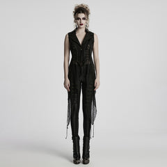WY-1737MJF Gothic Vest Long Tailcoat Sleeveless Lace-Up Design Black