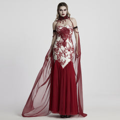 WY-1760DPF Gothic Dress Elegant Red Lace Chiffon Evening Gown