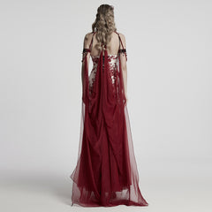 WY-1760DPF Gothic Dress Elegant Red Lace Chiffon Evening Gown