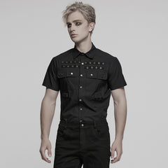 WY-1761CDM Edgy Black Short Sleeve Grommet Punk Shirts for Men