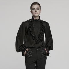 WY-1766CCM Gothic Shirts Mens Victorian Ruffled Lace Black Top