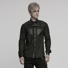 WY-1774CCM Punk Shirts Studded Leather Accent Button-Up Long Sleeve Top