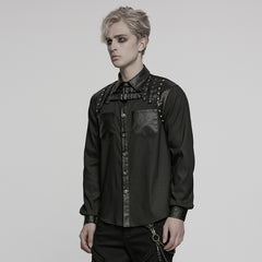 WY-1774CCM Punk Shirts Studded Leather Accent Button-Up Long Sleeve Top