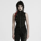 WY-1780MJF Edgy Buckle-Accent Black Punk Vests Sleeveless Zipper Front