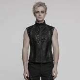 WY-1781MJM Edgy Black Leather Gothic Studded Punk Vests with Lace Detailing
