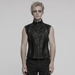 WY-1781MJM Edgy Black Leather Gothic Studded Punk Vests with Lace Detailing