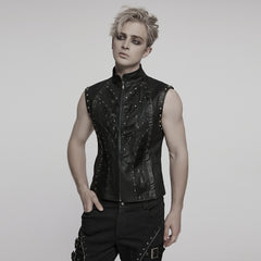 WY-1781MJM Edgy Black Leather Gothic Studded Punk Vests with Lace Detailing