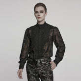 WY-1787CCM Elegant Sheer Lace Button-Up Gothic Shirt with High Collar