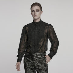 WY-1787CCM Elegant Sheer Lace Button-Up Gothic Shirt with High Collar