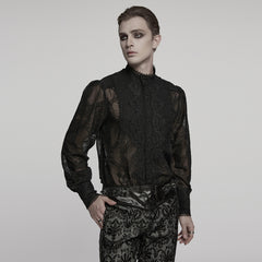 WY-1787CCM Elegant Sheer Lace Button-Up Gothic Shirt with High Collar