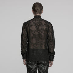 WY-1787CCM Elegant Sheer Lace Button-Up Gothic Shirt with High Collar