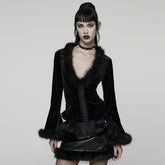 WY-1804XDF Gothic Jacket Black Velvet Fur Trim Bell Sleeves