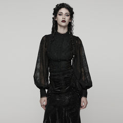 WY-1805CCF Gothic Shirt Sheer Embroidered Lace Victorian Blouse Long Sleeves