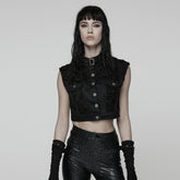 WY-1825MJF Gothic Black Cropped Punk Vests with Studded Accents and Buckle Neck