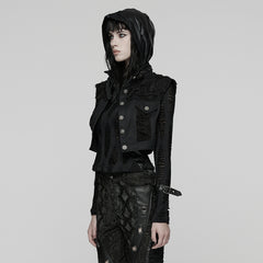 WY-1825MJF Gothic Black Cropped Punk Vests with Studded Accents and Buckle Neck