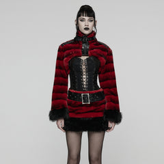WY-1830XDF Faux Fur Punk Coat Cropped Black Red Striped Jacket