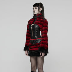 WY-1830XDF Faux Fur Punk Coat Cropped Black Red Striped Jacket