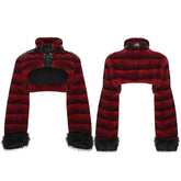 WY-1830XDF Faux Fur Punk Coat Cropped Black Red Striped Jacket