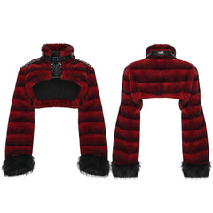 WY-1830XDF Faux Fur Punk Coat Cropped Black Red Striped Jacket