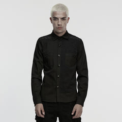 WY-1845CCM Edgy Black Button-Up Punk Shirt with Studded Shoulders Edgy Black Punk Shirts with Distressed and Stud Details
