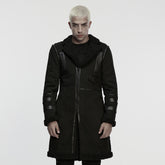 WY-1866ECM Edgy Longline Punk Coat with Shearling Trim and Zipper Accents