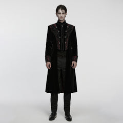 WY-1878XCM Steampunk Gothic Coat Embroidered Velvet Long Trench Jacket Embroidered Gothic Coat Long Velvet Jacket Black Rose Design Gothic Coat with Embroidered Velvet Long Tail Design