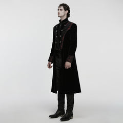 WY-1878XCM Steampunk Gothic Coat Embroidered Velvet Long Trench Jacket Embroidered Gothic Coat Long Velvet Jacket Black Rose Design Gothic Coat with Embroidered Velvet Long Tail Design