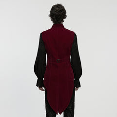 WY-1880MJM Gothic Vest Velvet Ruffled High Collar Medieval Style Rich Velvet Steampunk Gothic Vest with Pleated Detailing Mens Red Ribbed Gothic Vest Tailored High Collar