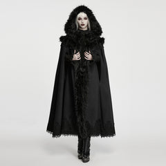 WY-1962DPF Luxurious Faux Fur Trimmed Hooded Gothic Coat with Lace Detail
