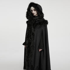 WY-1962DPF Luxurious Faux Fur Trimmed Hooded Gothic Coat with Lace Detail