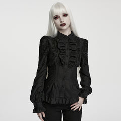 WY-1977CCF Victorian Gothic Shirts Black Embroidered Ruffled Long Sleeve Blouse