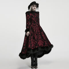 WY-1980XCF Gothic Jacket Long Red Brocade Black Fur Trimmed Coat