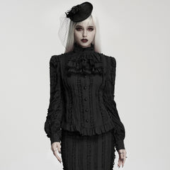 WY-1985CCF Victorian Gothic Shirts Black Ruffled High Neck Blouse Vintage Style