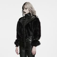 WY-1996XDF Faux Fur Hooded Leather Punk Coat with Buckle Details
