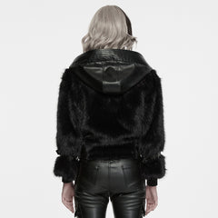 WY-1996XDF Faux Fur Hooded Leather Punk Coat with Buckle Details