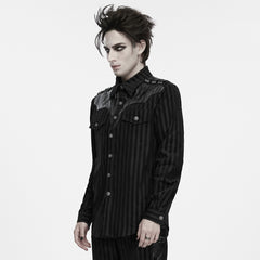 WY-2009CCM Black Striped Gothic Buckle Accent Long Sleeve Punk Shirt