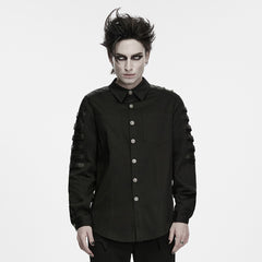 WY-2020CCM Black Long Sleeve Snap Button Punk Shirt with Strap Details