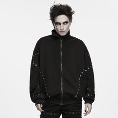 WY-2067XDM Mens Grommet Detailed Black Punk Jacket with Zipper Closure
