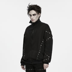 WY-2067XDM Mens Grommet Detailed Black Punk Jacket with Zipper Closure