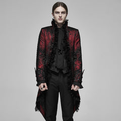 WY-1166XCM Victorian Gothic Coat Red Black Brocade Lace Trim