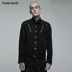 WY-1375XDM Punk Rave Punk Jacket black Denim Studded Biker Style with Zipper Details?-??Punk Rave Clothing