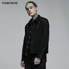 WY-1375XDM Punk Rave Punk Jacket black Denim Studded Biker Style with Zipper Details?-??Punk Rave Clothing