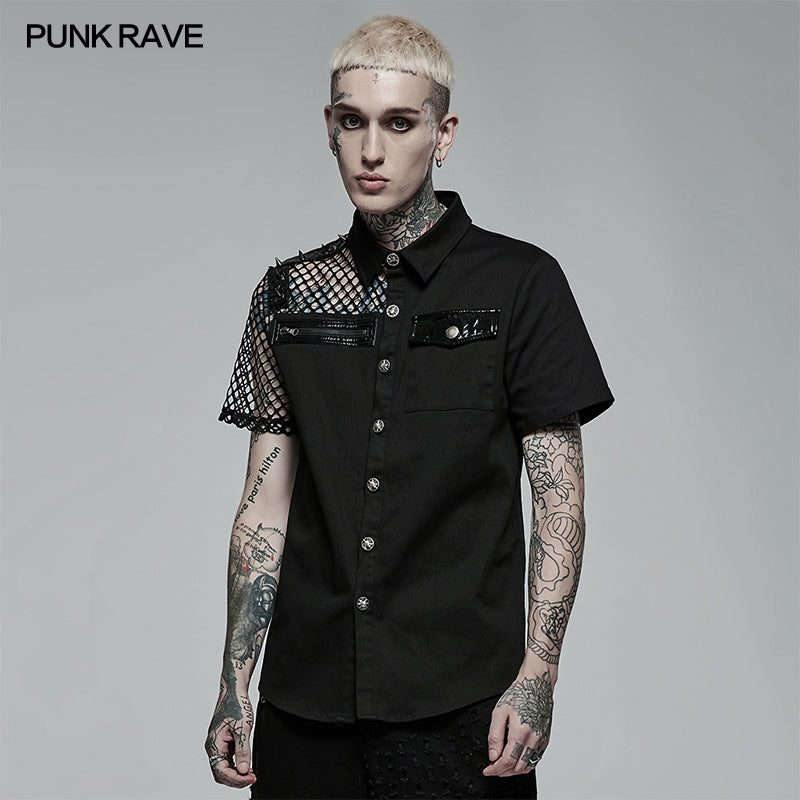 WY-1376CDM Punk asymmetric stitching shirt?-??Punk Rave Clothing