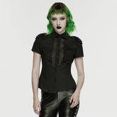 WY-1889CDF Edgy Punk Shirts Spiked Studded Mesh Detail Short Sleeve Top