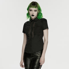 WY-1889CDF Edgy Punk Shirts Spiked Studded Mesh Detail Short Sleeve Top
