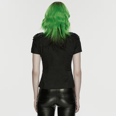 WY-1889CDF Edgy Punk Shirts Spiked Studded Mesh Detail Short Sleeve Top